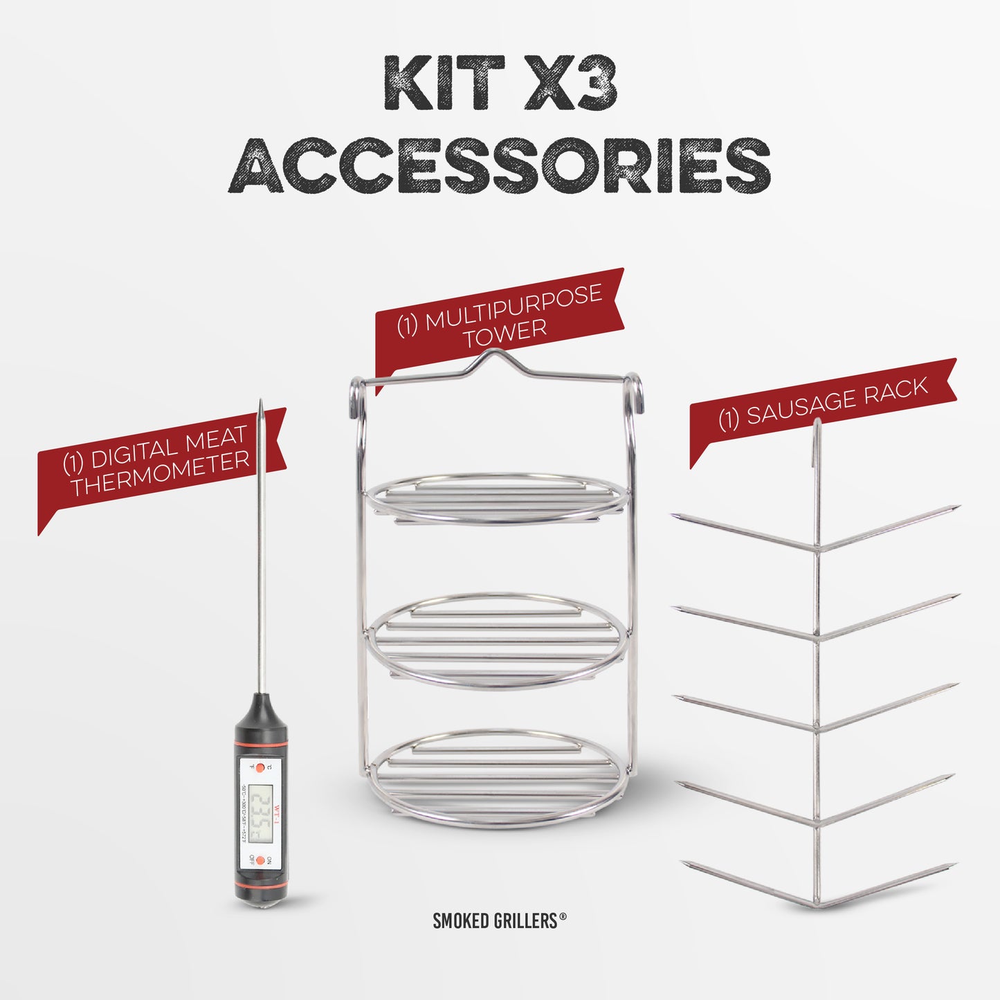 Kit x3 Accessories (Digital Thermometer, Multipurpose Tower & Sausages Rack)